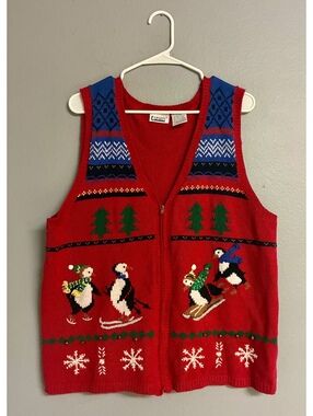 Capacity Vintage Christmas Sweater Vest XL Zip Up Penguins Skiing Sledding